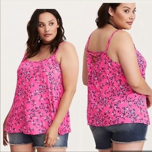 Torrid Bright Pink Floral Lace Up Back Tank Top